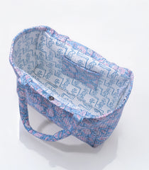 Light Blue Handmade Tote Bag With Printed Motifs With Button (14"H X 17"W X 8"D)-ACS1052