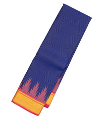 Dark Blue Handloom Kanchipuram Silk Saree With Zari Stripes & Temple Border-KA12447