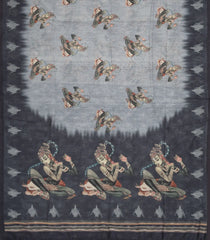 Grey Woven Synthetic Chanderi Cotton Saree With Printed Lord Krishna Motifs-BL4179