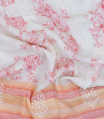Pink Handloom Linen Saree With Printed & Embroidered Floral Motifs-LI0770