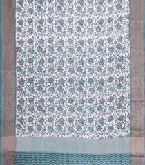 Grey Printed Chanderi Cotton Saree With Floral Motifs & Zari Border-CC1663