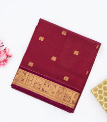 Crimson Handloom Silk Cotton Saree With Stripes & Annam Buttas