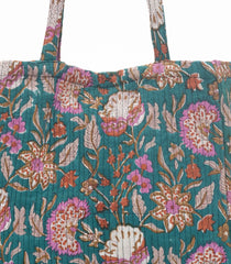 Cyan Handmade Tote Bag With Printed Motifs With Button (14"H X 17"W X 8"D)-ACS1053