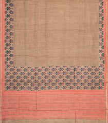 Beige Printed Tussar Silk Saree With Floral Motifs In Border-TU3675