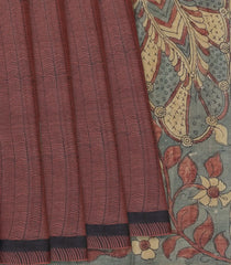 Brown Handloom Tussar Silk Saree With Block Printed Stripes & Kalamkari Hand Painted Pallu & Blouse