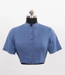 Light Blue Chinese Collar Cotton Blouse With Full Front Button-RB5224