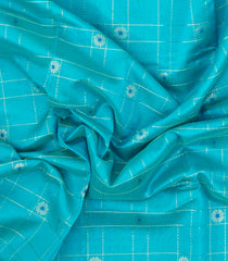 Turquoise Handloom Korvai Silk Cotton Saree With Checks & Contrast Border-SC4513