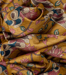 Mustard Handloom Tussar Silk Saree With Printed Peacock Motifs-Mustard