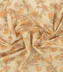 Cream Printed Blended Cotton Saree With Floral Motifs-BL6218
