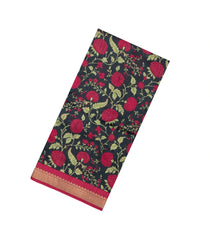Black Printed Tussar Silk Saree With Floral Motifs-TU3603