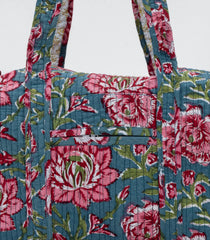 Cyan Handmade Duffle Bag With Printed Motifs With Zipper (9"H X 14"W X 7"D)-ACS1049
