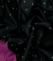 Black Handloom Soft Silk Saree With Coin Motifs & Checked Magenta Border-Black