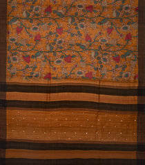 Mustard Handloom Tussar Silk Saree Printed With Floral Vine Motifs-Mustard