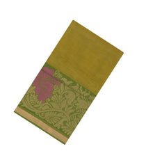 Olive Green Handloom Village Cotton Saree With Stripes-VC1617