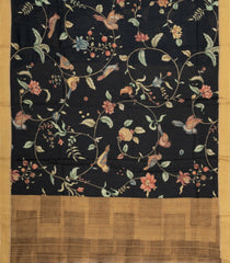 Black Printed Tussar Silk Saree With Kalamkari Motifs-TU3597