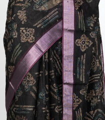 Black Woven Art Linen Saree With Printed Floral Motifs and  Magenta Border-BL4677