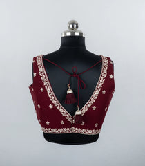Maroon Embroidered Blended Raw Silk Readymade Sleeveless Blouse RB5203