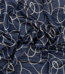 Navy Blue Printed Tussar Silk Saree With Stripes & Abstract Motifs-TU3601