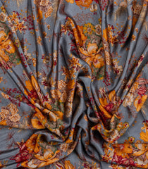 Grey Printed Pure Satin Silk Saree With Floral Motifs-PS0948