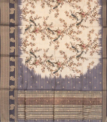 Cream Woven Art Tussar Silk Saree With Printed Peacock Motifs-BL3878