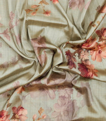Taupe Printed Synthetic Tussar With Contrast Zari Border-SY0294