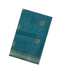 Cyan Printed Tussar Silk Saree With Printed & Embroidered Floral Motifs-TU3794