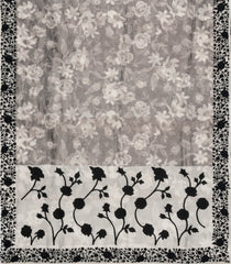 Grey Printed Blended Organza Saree With Embroidered Border-EN2094