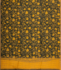 Black Handloom Linen Saree With Printed Yellow Floral Motifs-LI0781