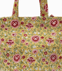 Yellow Handmade Tote Bag With Printed Motifs (14"H X 10"W X 8"D)-ACS1056