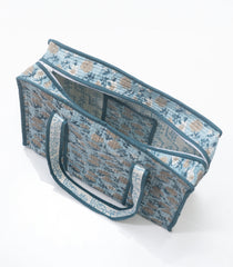 Light Blue Bagru Printed Handmade Cotton Quilted Tote Bag With Zipper-ACS1043