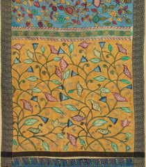 Light Blue Handloom Tussar Silk Saree With Printed Kalamkari Motifs-TU2917