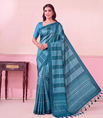 Cyan Printed Synthetic Manipuri Silk Saree With Checks-SY0607