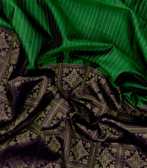 Dark Green & Black Handloom Soft Silk Saree With Stripes & Floral Motifs-SO4586