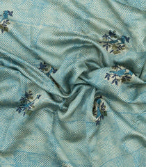 Turquoise Printed Chanderi Cotton Saree With Bird Motifs-CC1452