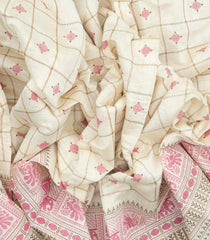 White Woven Chirala Cotton Saree With Printed Pink Checks-CR1277