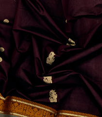 Dark Maroon Handloom Silk Cotton Saree With Yazhi Buttas & Contrast Border-SC3993