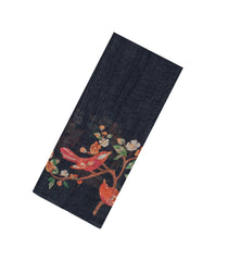 Black Printed Synthetic Linen Saree With Bird Motifs-SY0168
