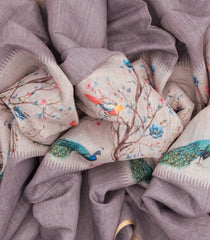 Grey Woven Art Linen Saree With Printed Peacock Motifs-BL3719