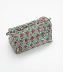 Green Cotton Bagru Printed Toiletry Bag With Zipper-ACS1081