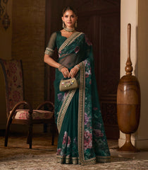 Bottle Green Printed Blended Organza Saree With Kundan Embroidered Border-EN2201