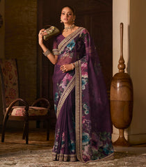 Violet Printed Blended Organza Saree With Kundan Embroidered Border-EN2222