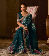 Peacock Blue Printed Blended Organza Saree With Kundan Embroidered Border-EN2223