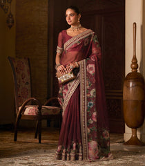 Maroon Printed Blended Organza Saree With Kundan Embroidered Border-EN2200