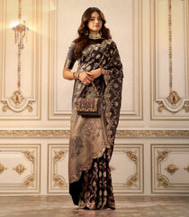 Black Woven Blended Satin Saree With Heavy Embroidery Zircon Work Border-EN2144