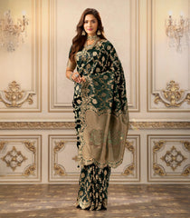 Dark Green Woven Blended Satin Saree With Heavy Embroidery Zircon Work Border-EN2145