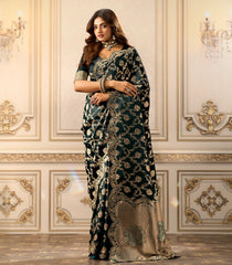 Bottle Green Woven Blended Satin Saree With Heavy Embroidery Zircon Work Border-EN2147