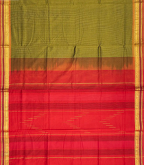 Olive Green Handloom Silk Cotton Saree With Stripes & Contrast Border-SC3670