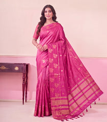 Hot Pink Woven Art Tussar Saree With Zari Stripes & Buttas-SY0609