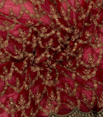 Red Woven Net Saree With Embroidered Floral Motifs & Contrast Border-EN1867