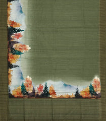 Dark Olive Printed Synthetic Tussar Saree With Zari Stripe border-BL5374